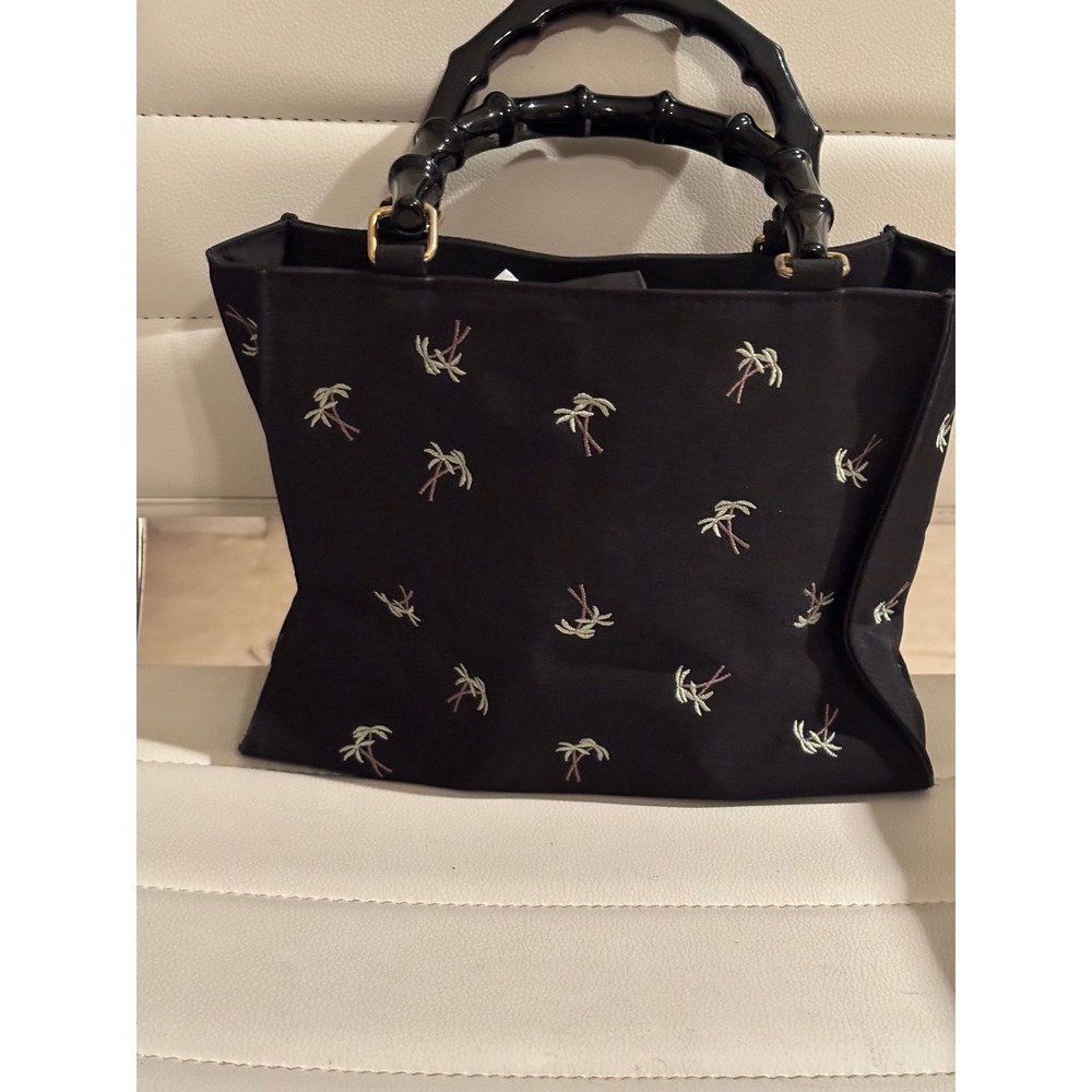 Prezzo Black Canvas Palm Tree Embroidered Tote Bag Bamboo Handles Tropical purse